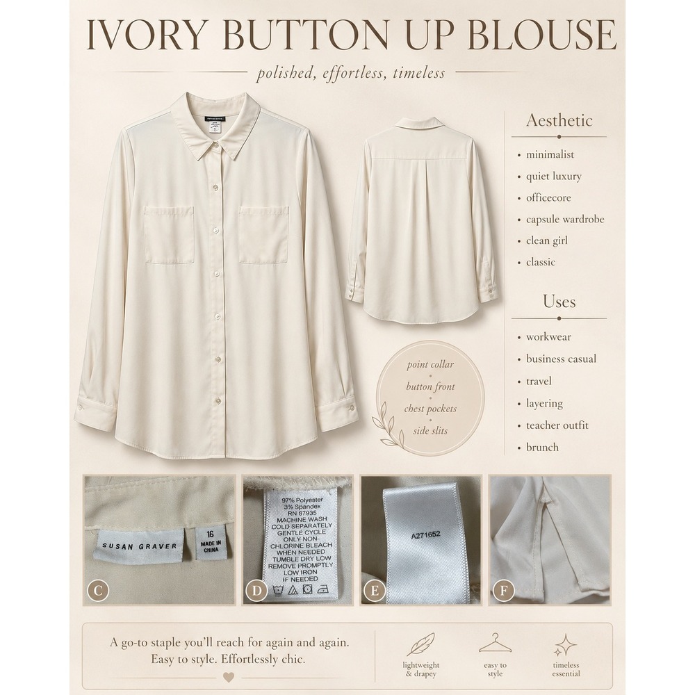 Susan Graver Liquid Knit Quiet Luxury Button Down Shirt Cream Ivory Size 16 Work